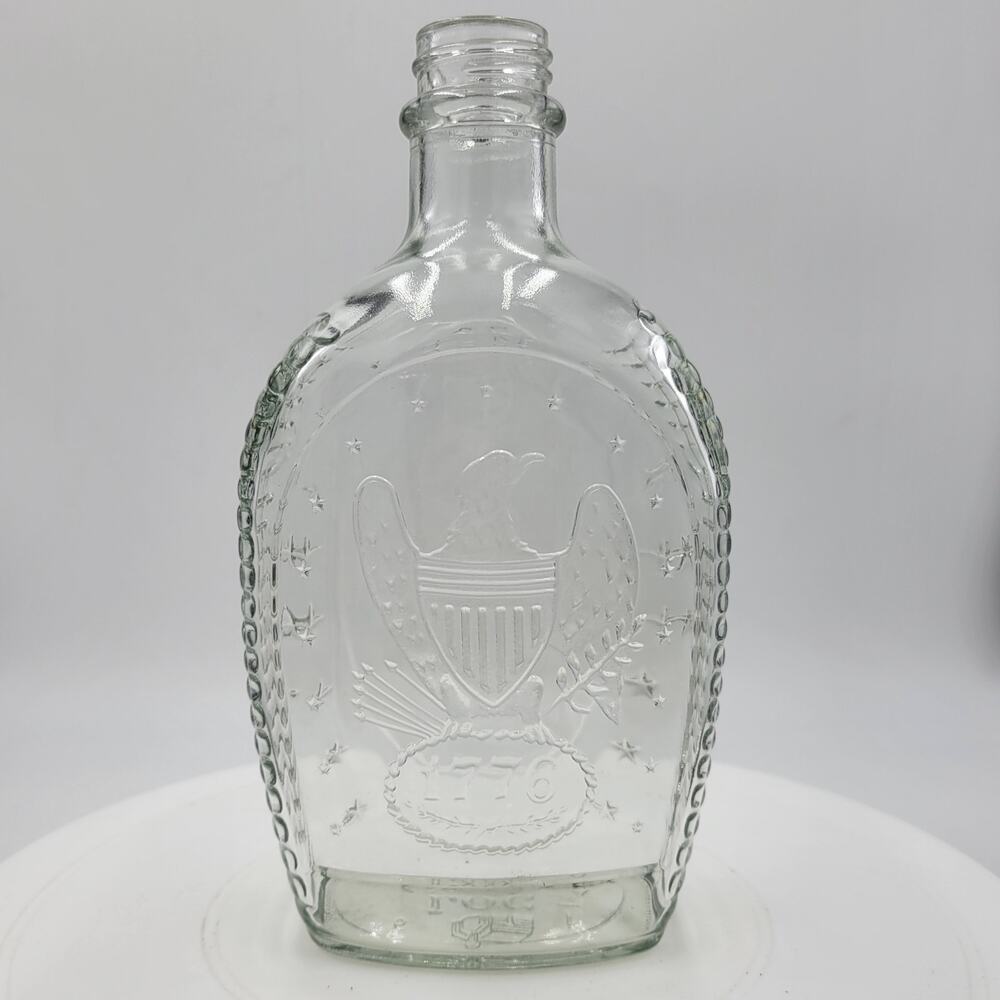 Vtg 1776 Log Cabin Syrup Clear Glass Bottle Bicentennial Flask Embossed Eagle